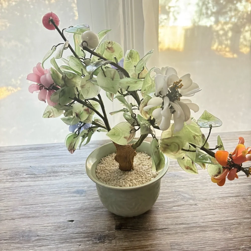 Vintage Jade Gemstone Bonsai Tree Rose Quartz Agate Carnelian Hand-carved Floral